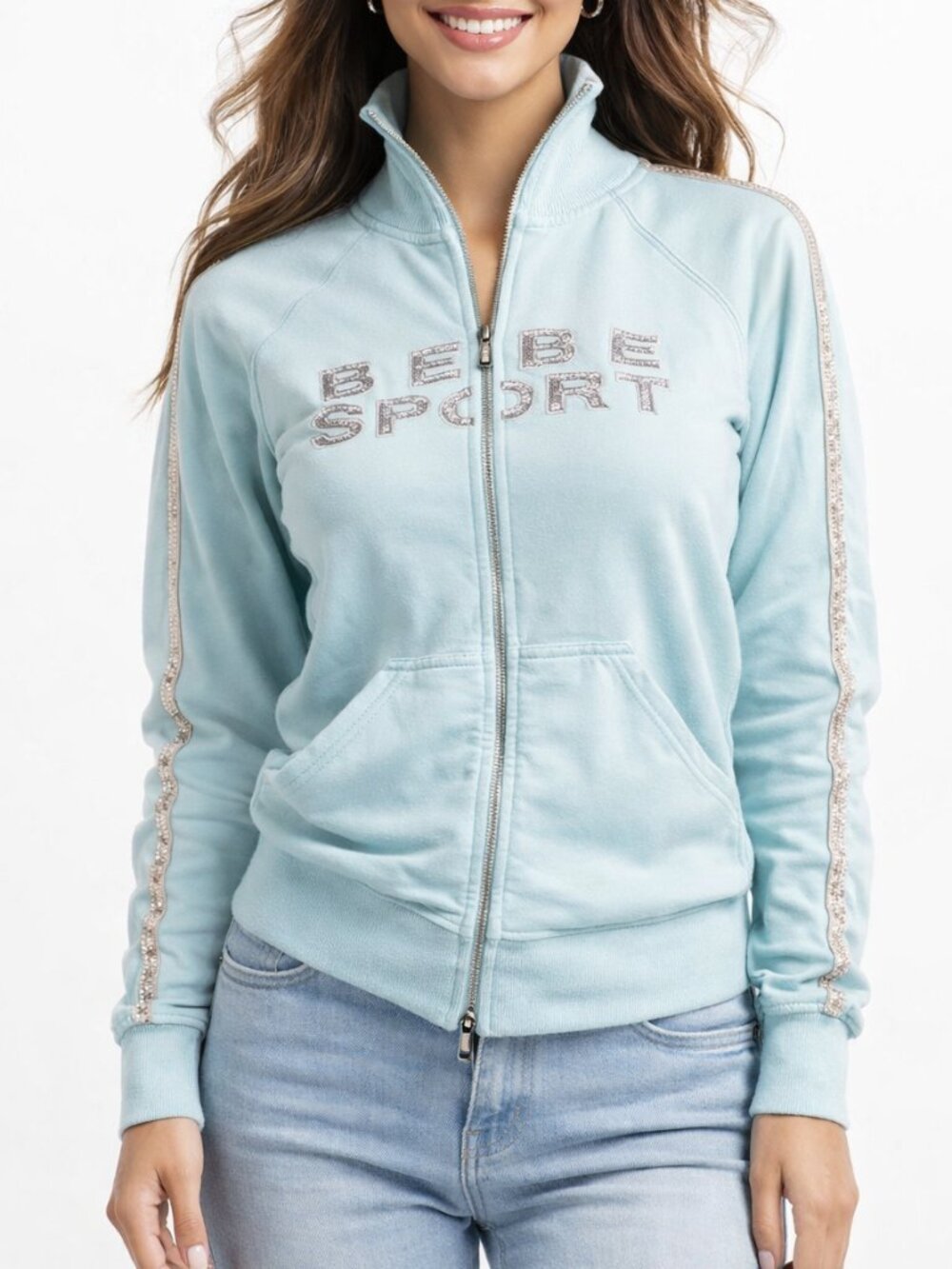 Bebe Sport Light Blue Rhinestone Zip-Up Track Jacket Y2K Size Large